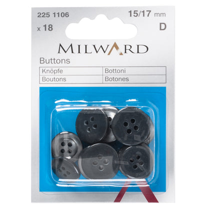 Pack of grey plastic trouser buttons in two sizes