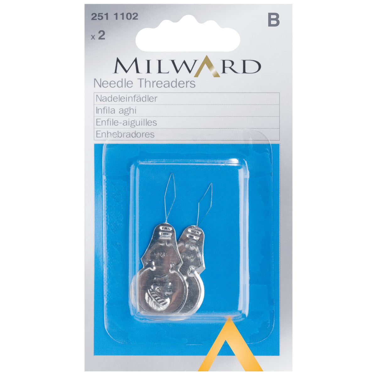 Two aluminium wire needle threaders on a Milward card
