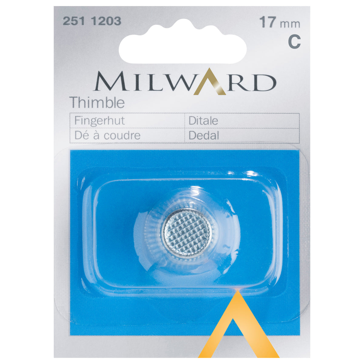 Metal sewing thimble in Milward packaging