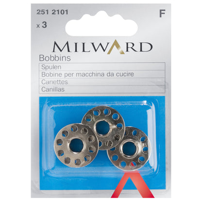 Three metal sewing machine bobbins in Milward packaging