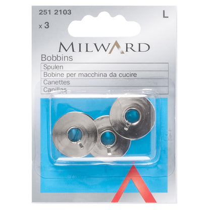 Three metal sewing machine bobbins in Milward packaging