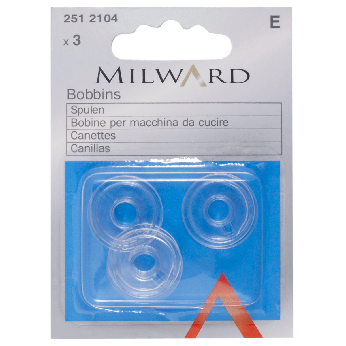 Three plastic sewing machine bobbins in Milward packaging