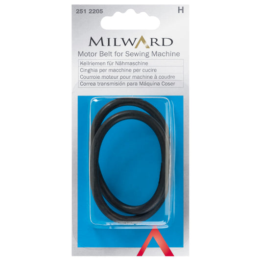 Black rubber sewing machine motor belt in Milward packaging