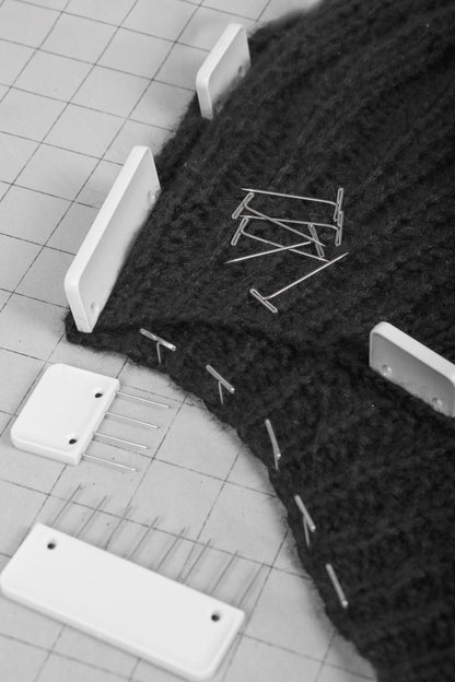 Knit blocking pins and T-pins in a plastic storage box