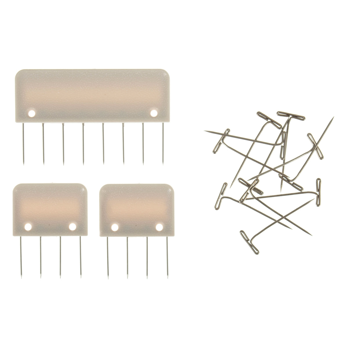 Knit blocking pins and T-pins in a plastic storage box