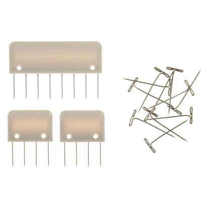 Knit blocking pins and T-pins in a plastic storage box