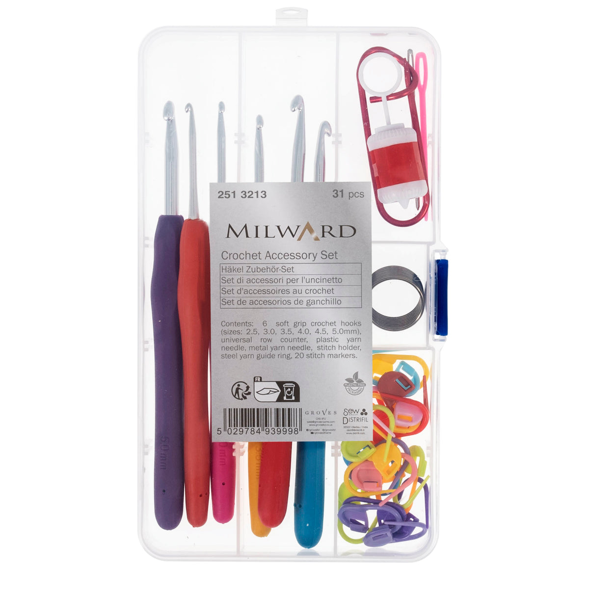 Milward crochet accessory set with hooks in a storage box