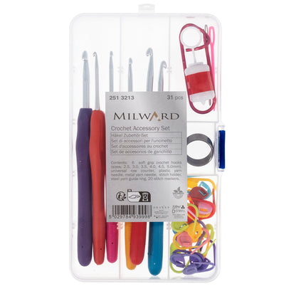 Milward crochet accessory set with hooks in a storage box