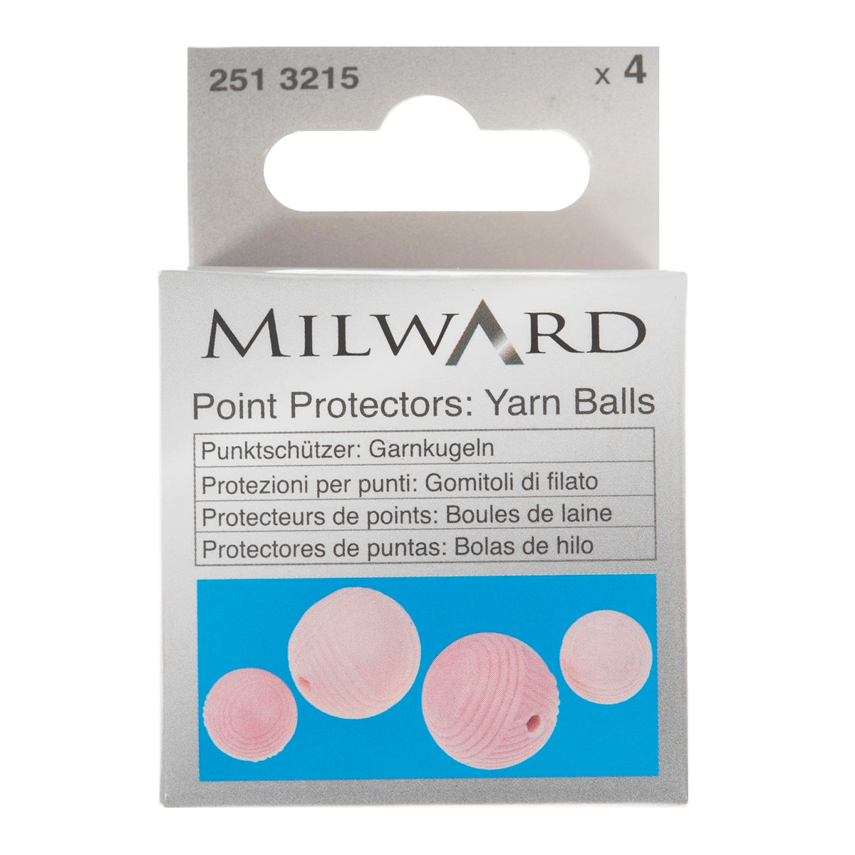 Four yarn ball shaped knitting needle point protectors