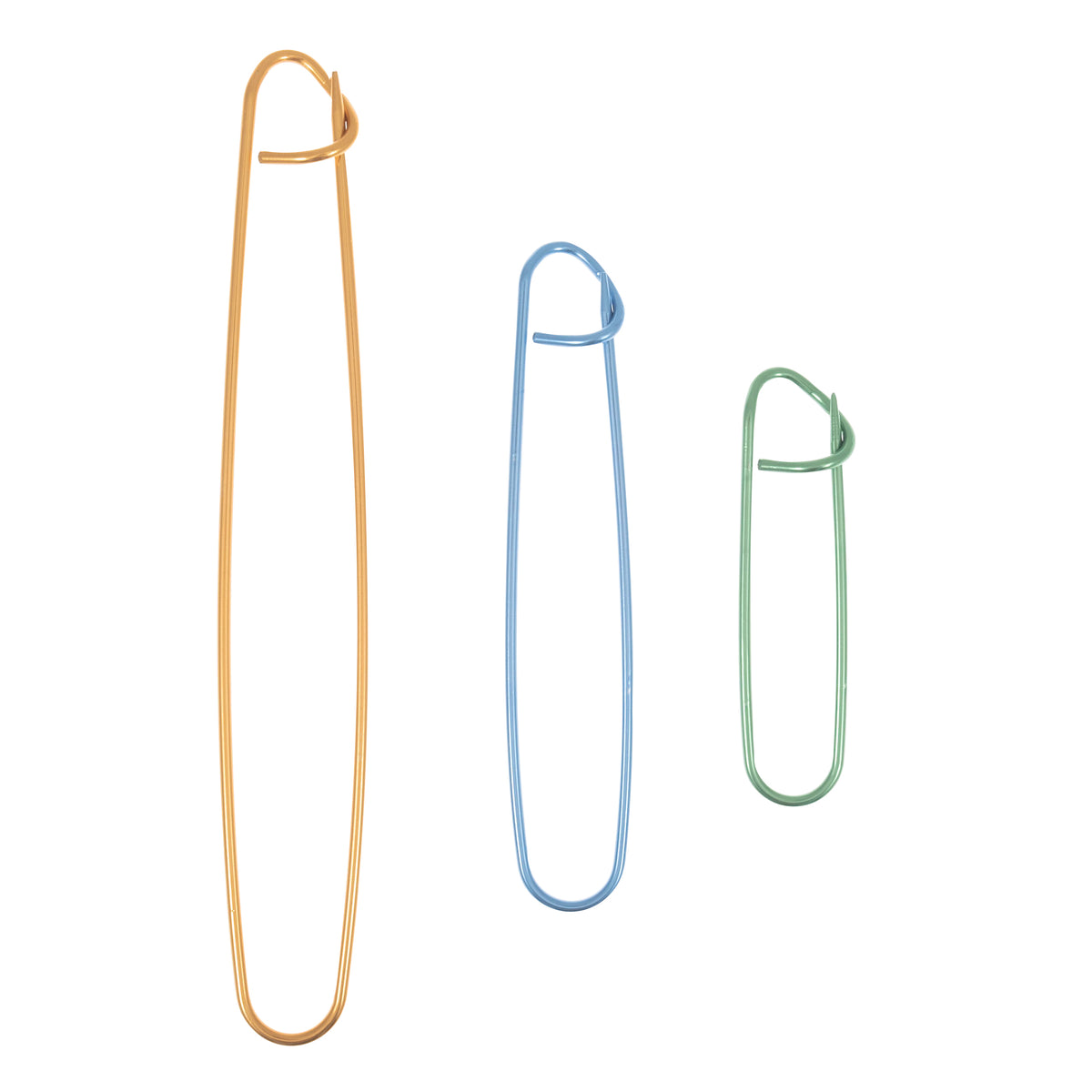 Three coloured aluminium stitch holders in different sizes