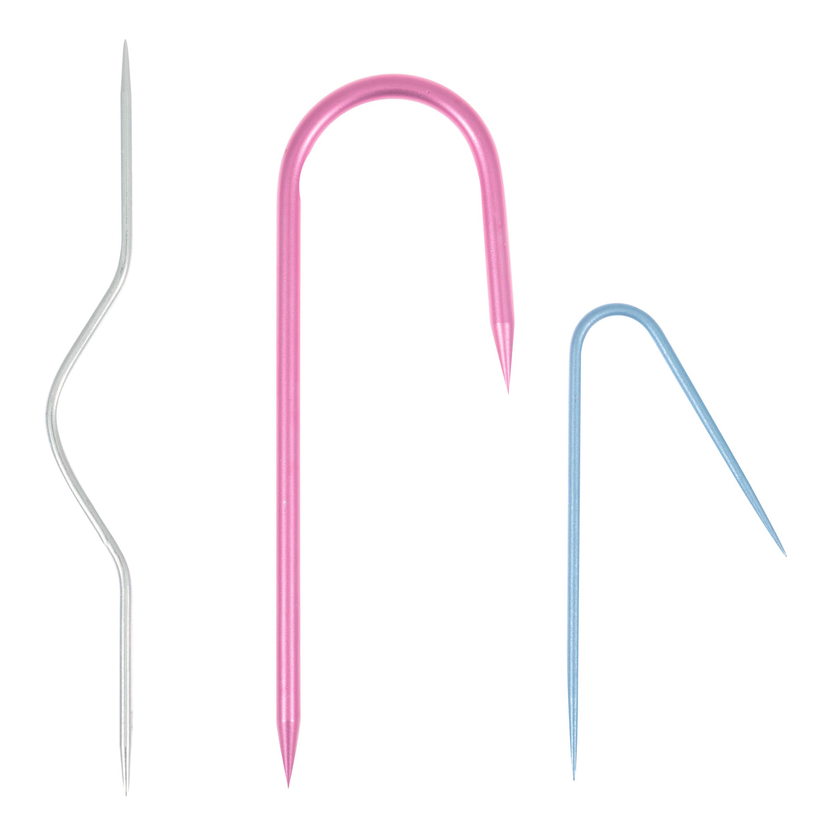 Three coloured aluminium cable needles in different shapes