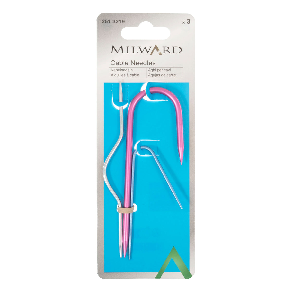 Three coloured aluminium cable needles in different shapes