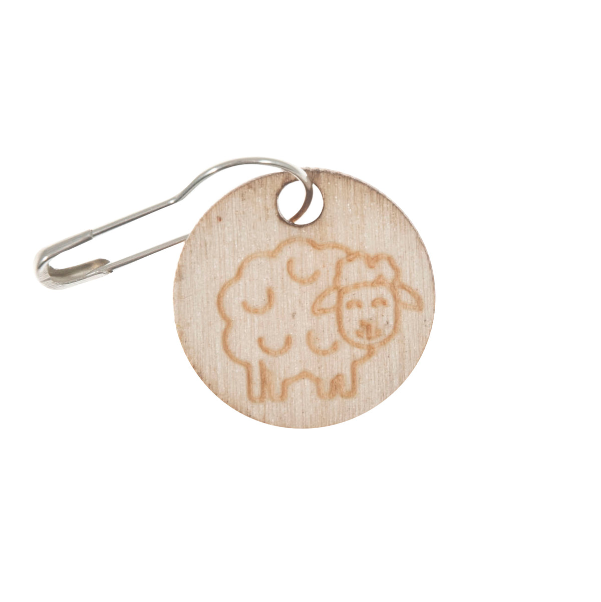 Tub of wooden sheep stitch markers on bulb pins