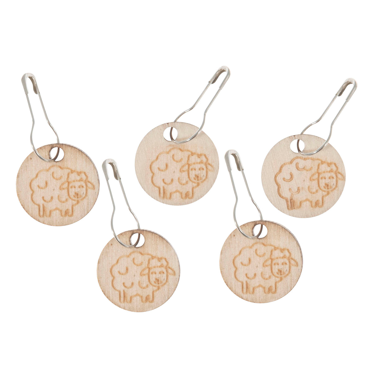 Tub of wooden sheep stitch markers on bulb pins