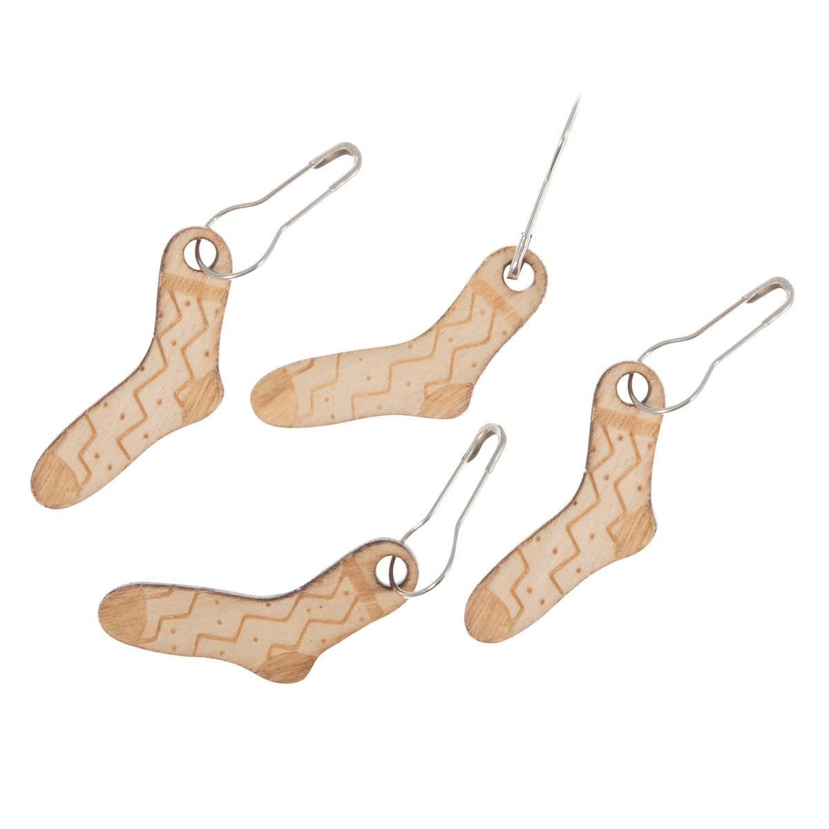 Tub of wooden woolly sock stitch markers on bulb pins