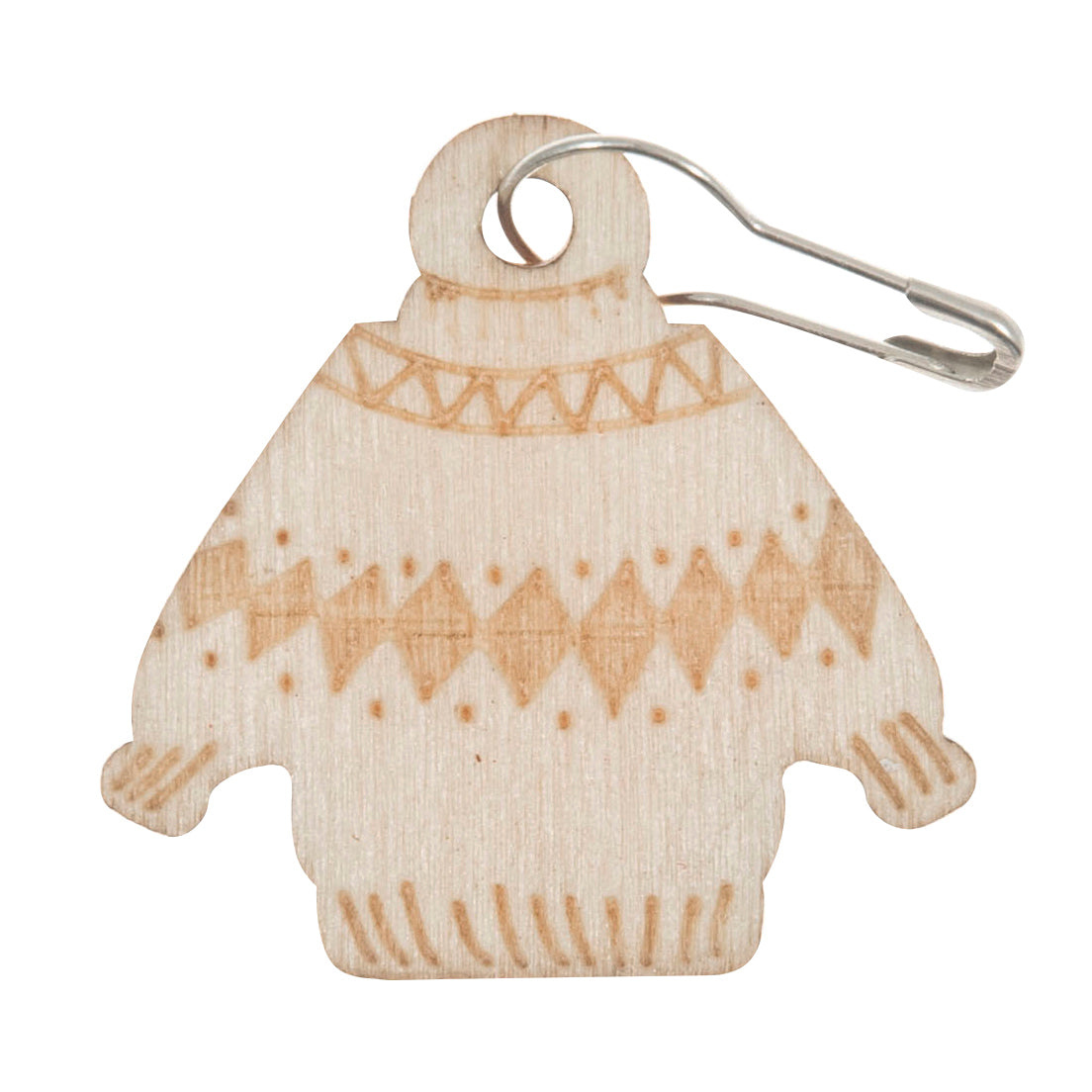 Tub of wooden woolly jumper stitch markers on bulb pins