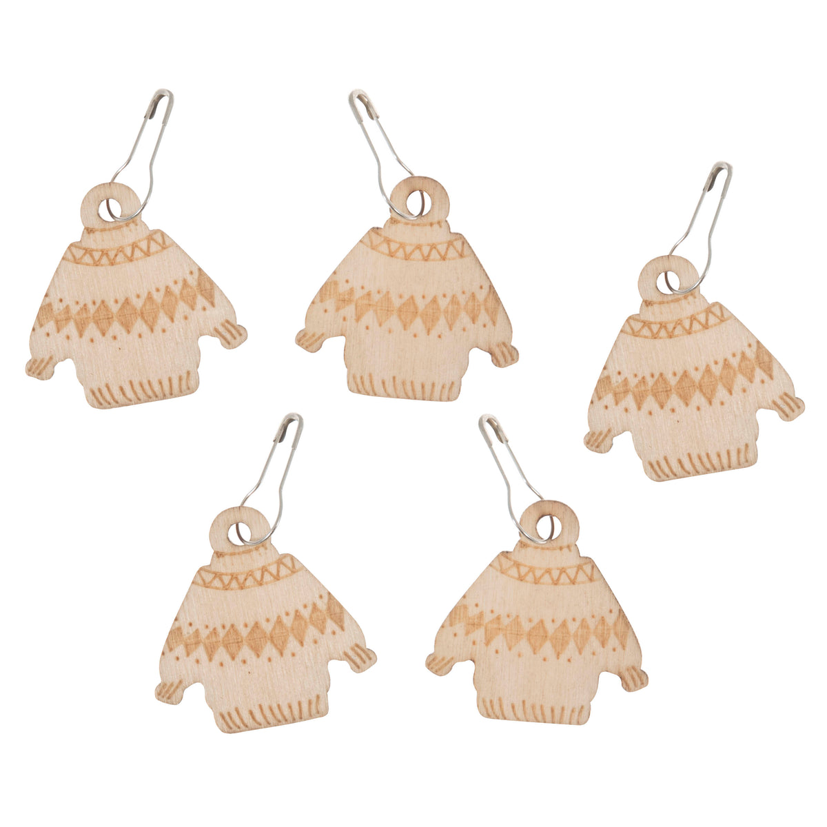 Tub of wooden woolly jumper stitch markers on bulb pins