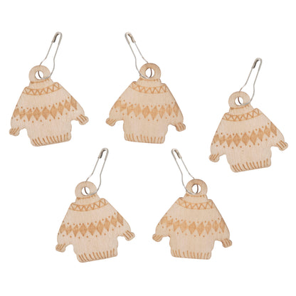 Tub of wooden woolly jumper stitch markers on bulb pins