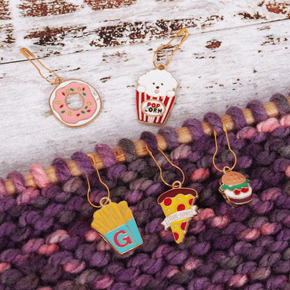 Tub of snacks themed enamel charm stitch markers