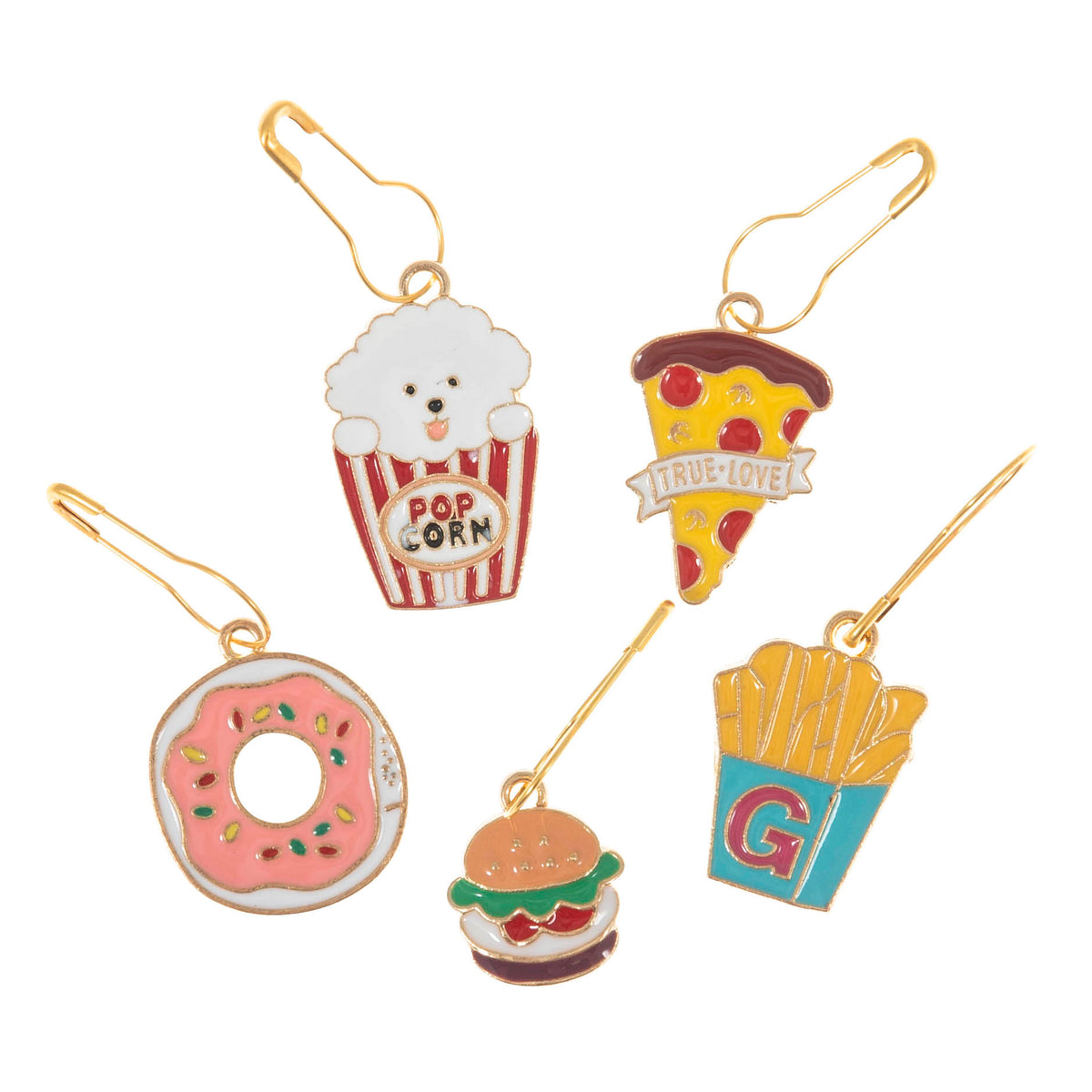 Tub of snacks themed enamel charm stitch markers