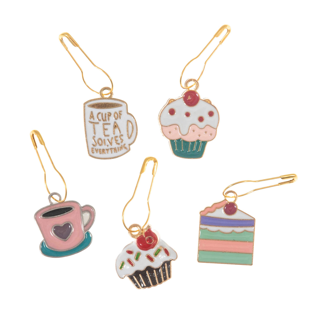 Tub of tea time themed enamel charm stitch markers