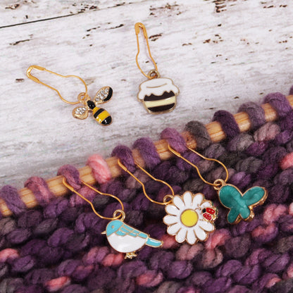 Tub of bee happy themed enamel charm stitch markers