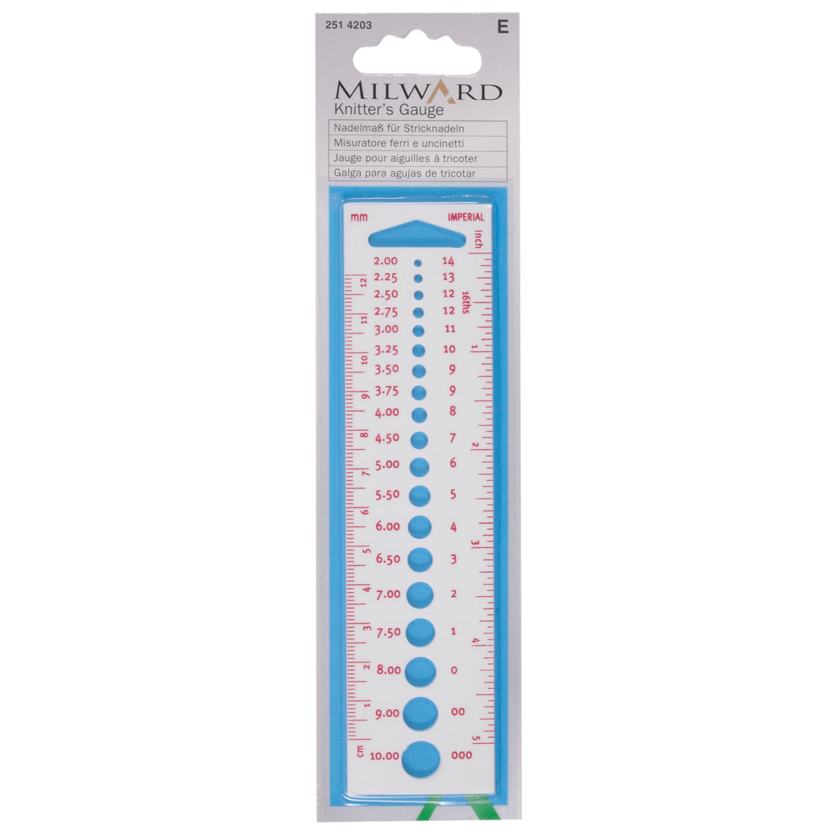 Plastic knitting needle gauge with ruler