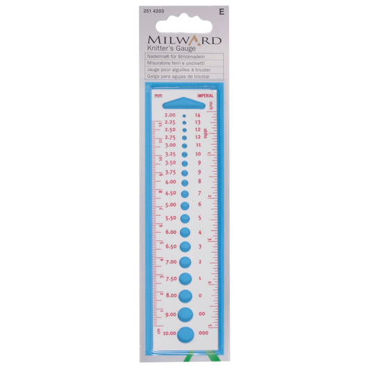 Plastic knitting needle gauge with ruler