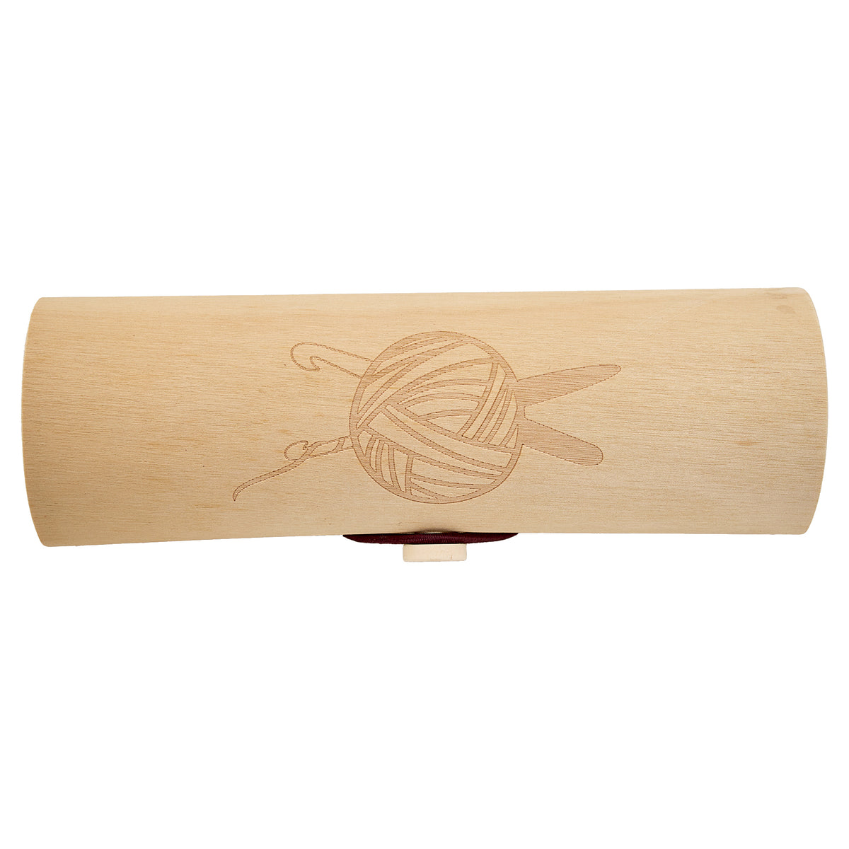 Cylindrical wooden crochet hook case with yarn ball design