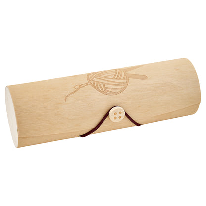 Cylindrical wooden crochet hook case with yarn ball design