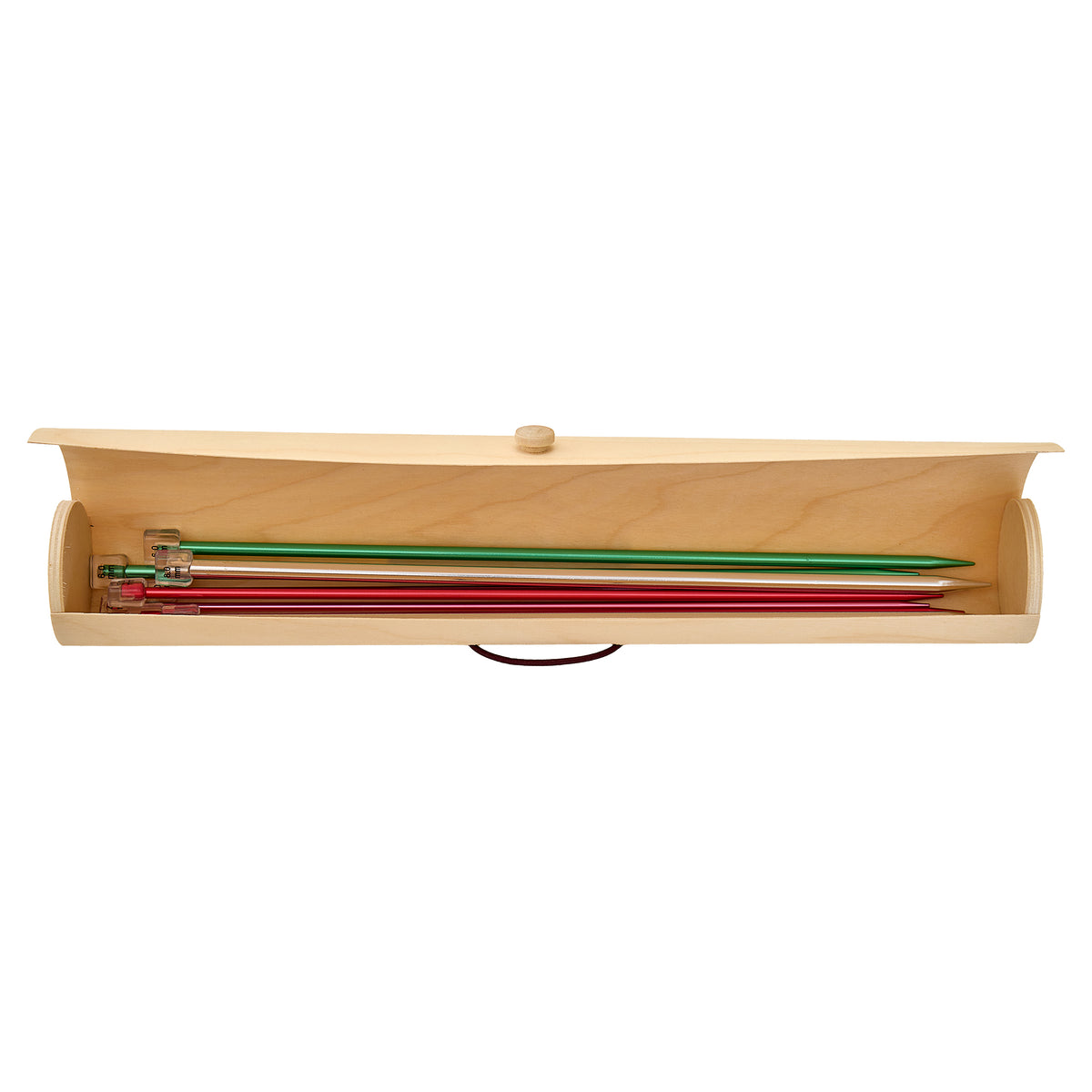 Long cylindrical wooden knitting pin case with yarn ball design