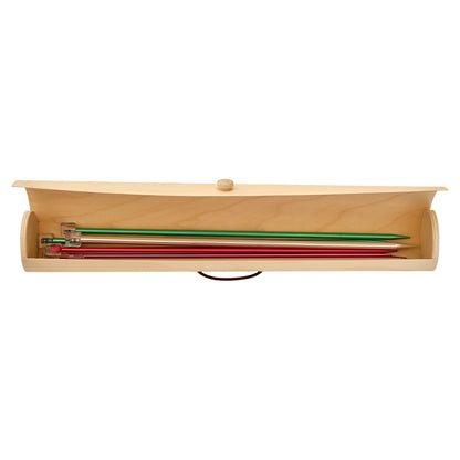 Long cylindrical wooden knitting pin case with yarn ball design