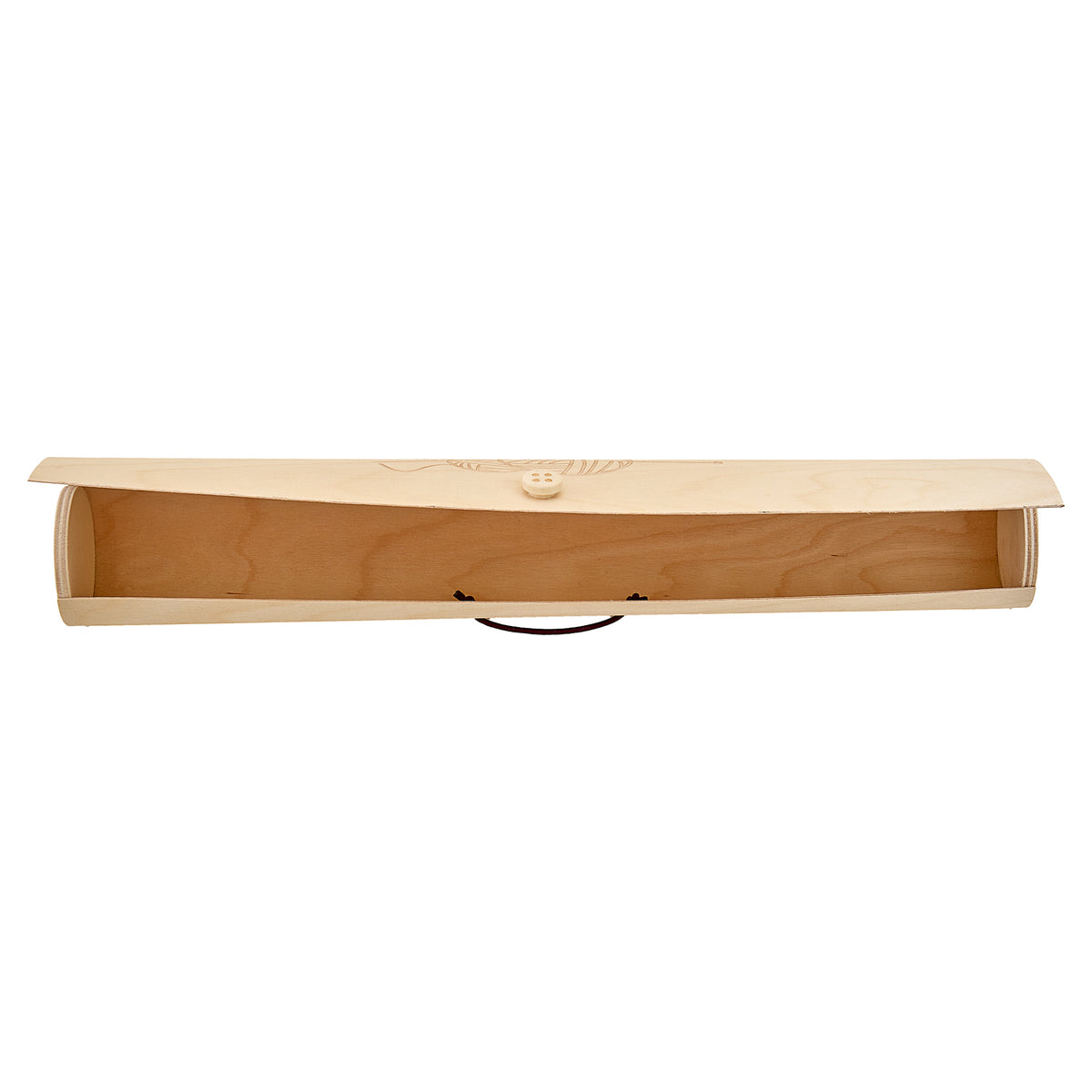 Long cylindrical wooden knitting pin case with yarn ball design