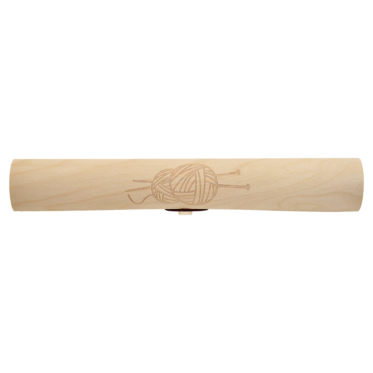 Long cylindrical wooden knitting pin case with yarn ball design