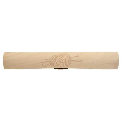 Long cylindrical wooden knitting pin case with yarn ball design