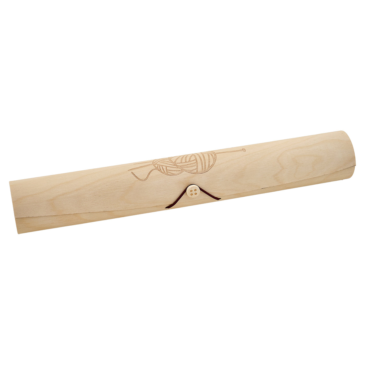 Long cylindrical wooden knitting pin case with yarn ball design
