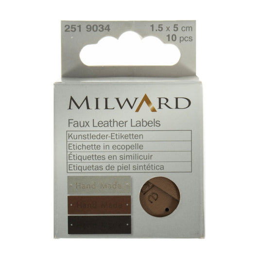 Milward PU leather sew-on labels in grey, brown and white