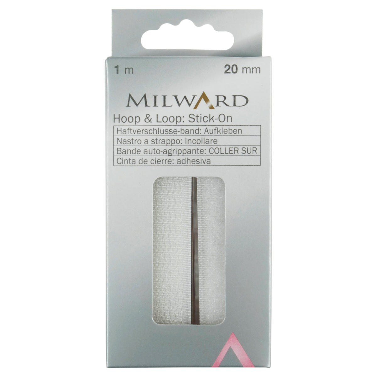 White self-adhesive hook and loop tape in retail packaging