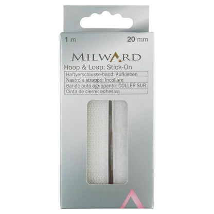 White self-adhesive hook and loop tape in retail packaging