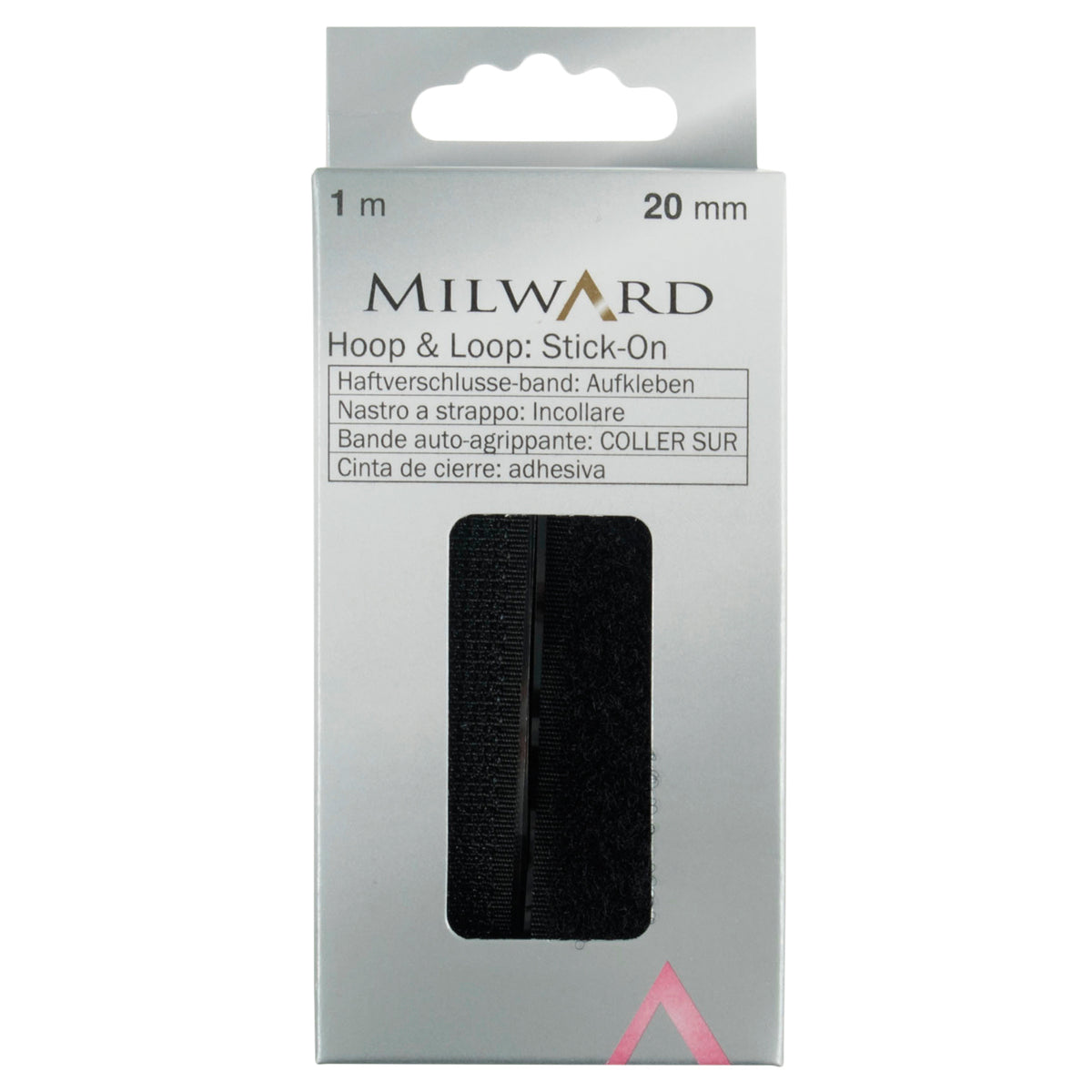 Black self-adhesive hook and loop tape in retail packaging