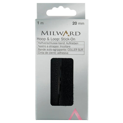 Black self-adhesive hook and loop tape in retail packaging