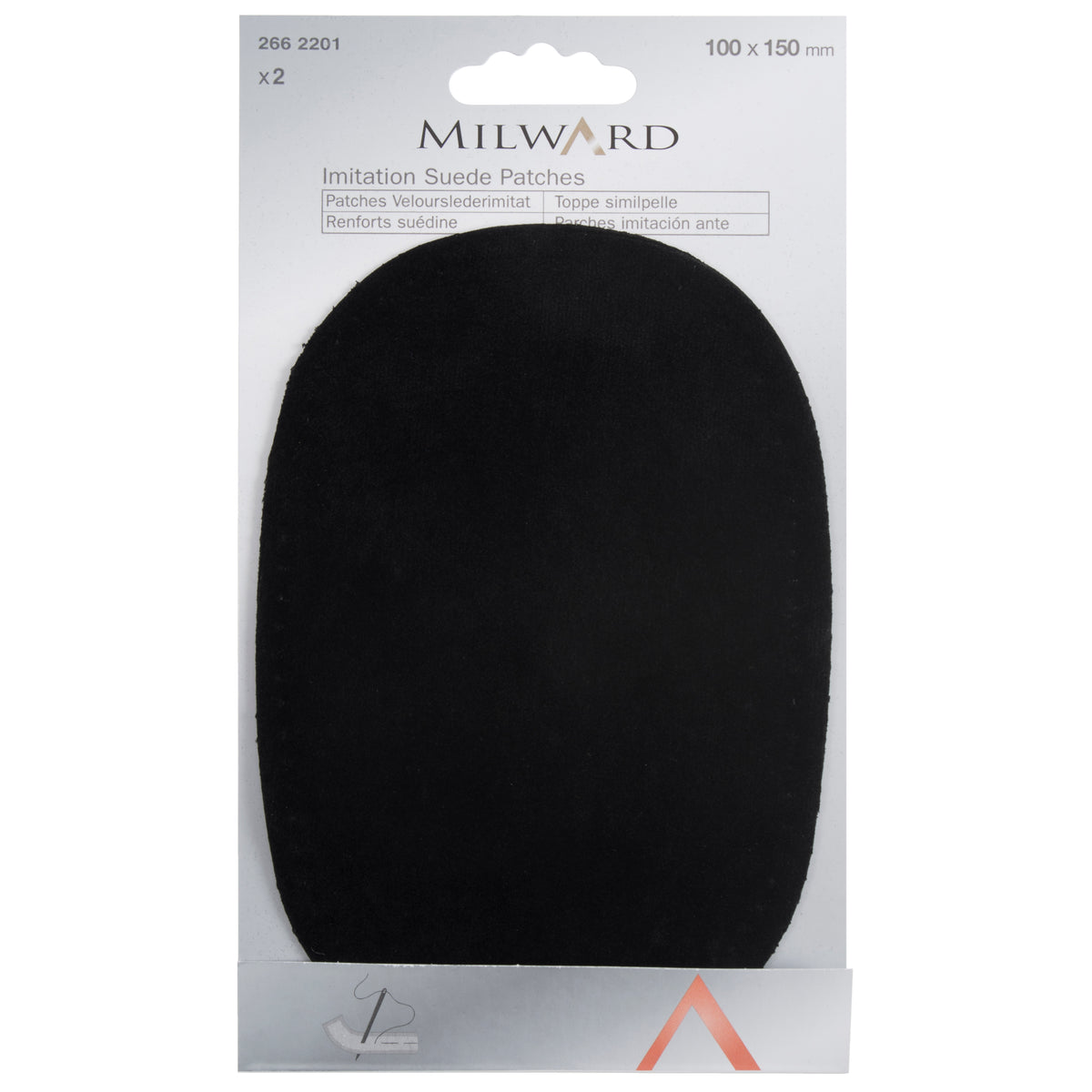Two oval black imitation suede patches on a Milward card