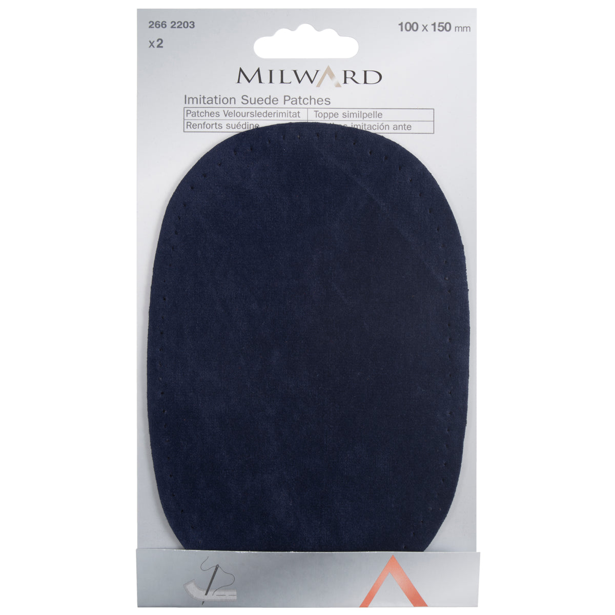 Two oval navy imitation suede patches on a Milward card