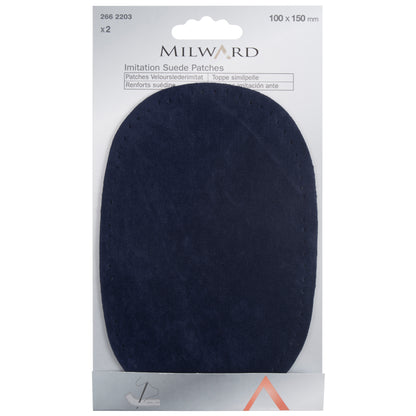 Two oval navy imitation suede patches on a Milward card