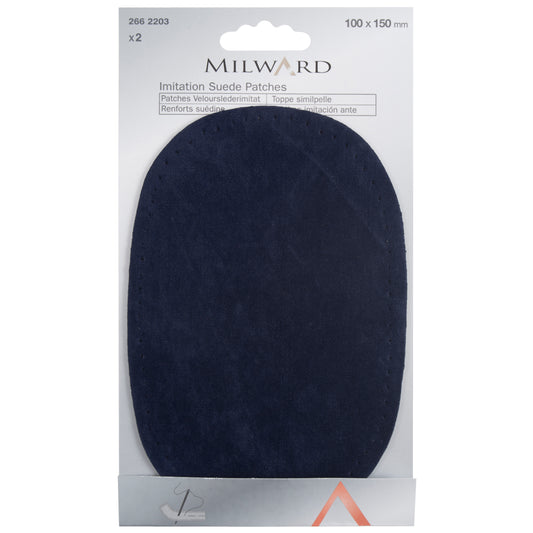 Two oval navy imitation suede patches on a Milward card