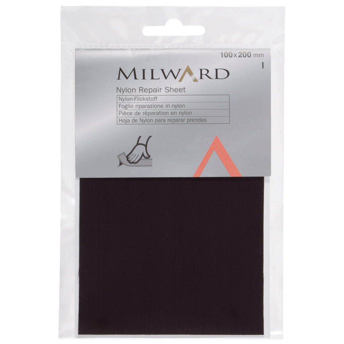 Black self-adhesive nylon repair sheet in a Milward pack
