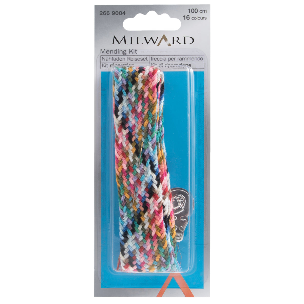 Multicoloured plaited mending thread with needle and threader on a card