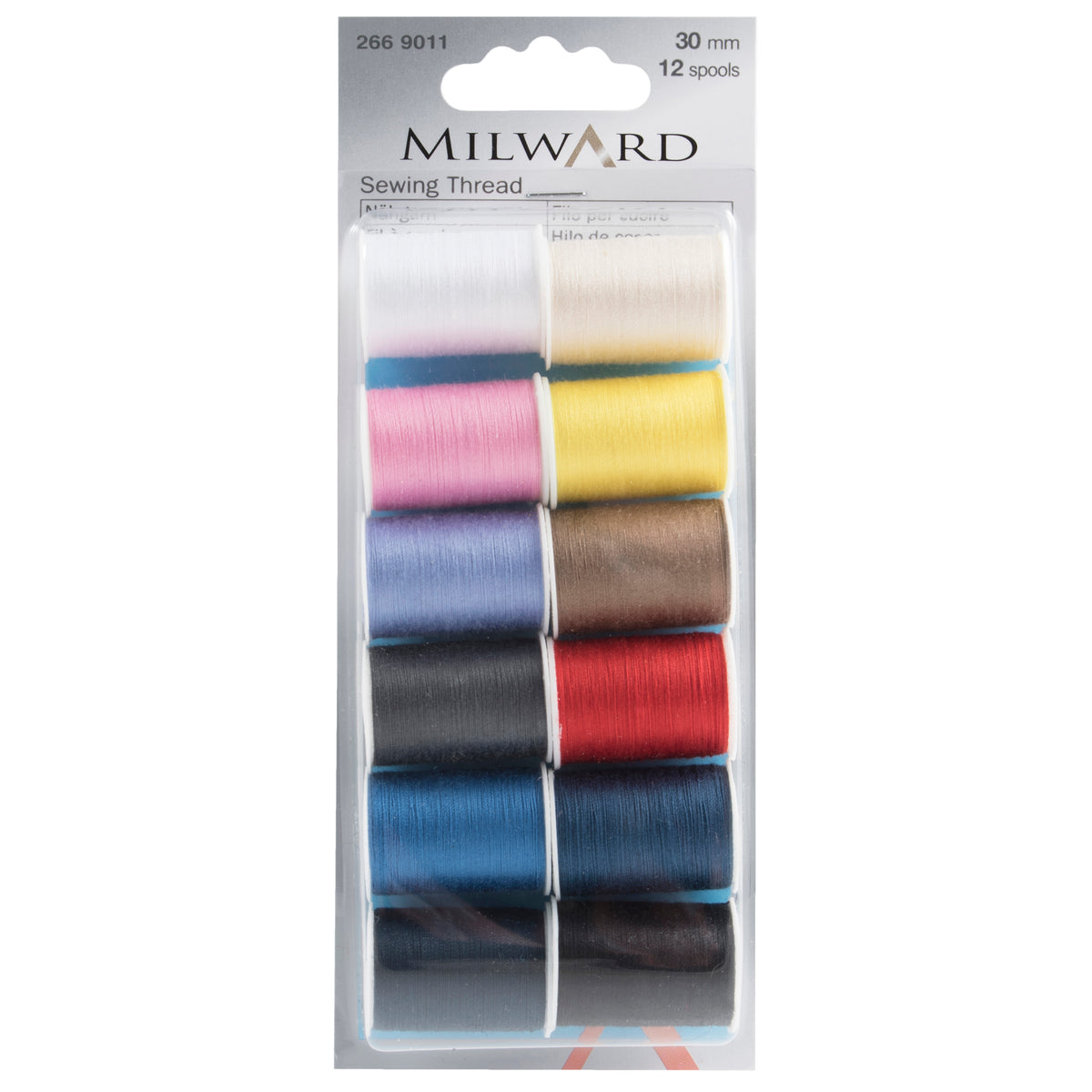 Card of 12 spools of sewing thread in assorted colours