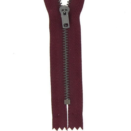 Milward burgundy metal trouser zip, 18cm closed end