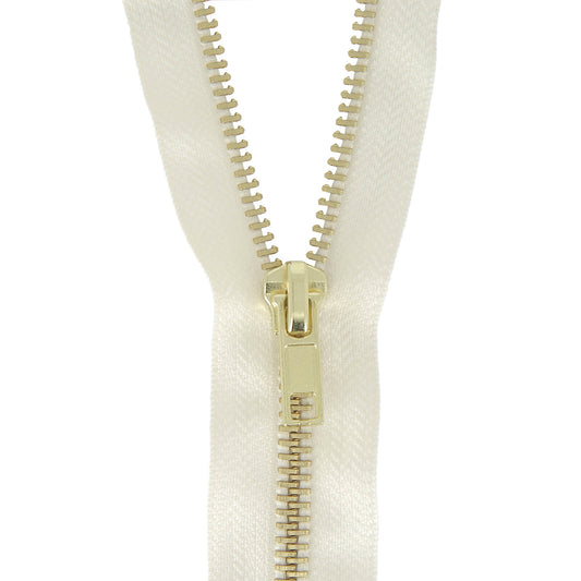 Cream open-end jacket zip with brass teeth